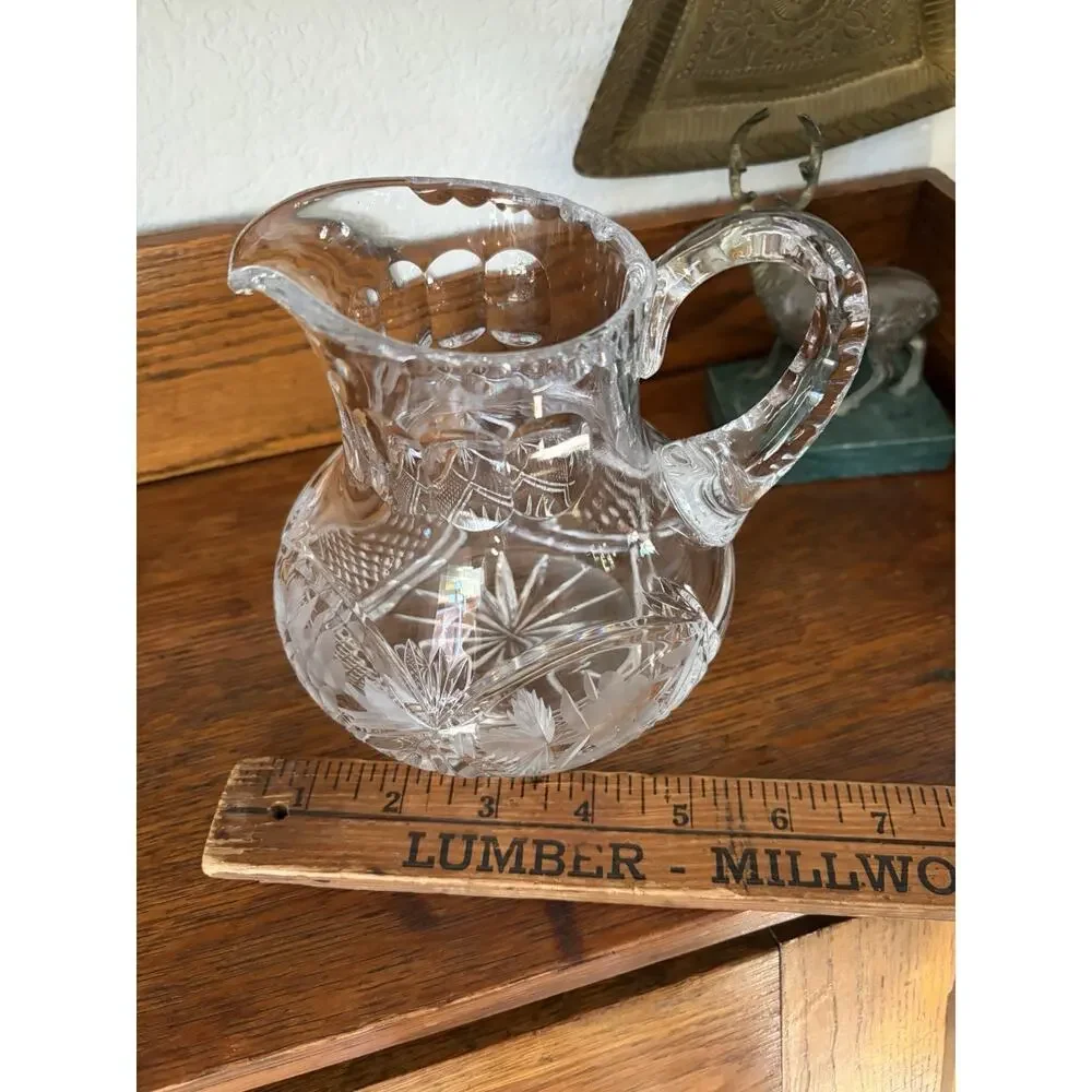 Vintage Crystal Pitcher Vase American Brilliant Cut Glass Squat Pitcher EAPC